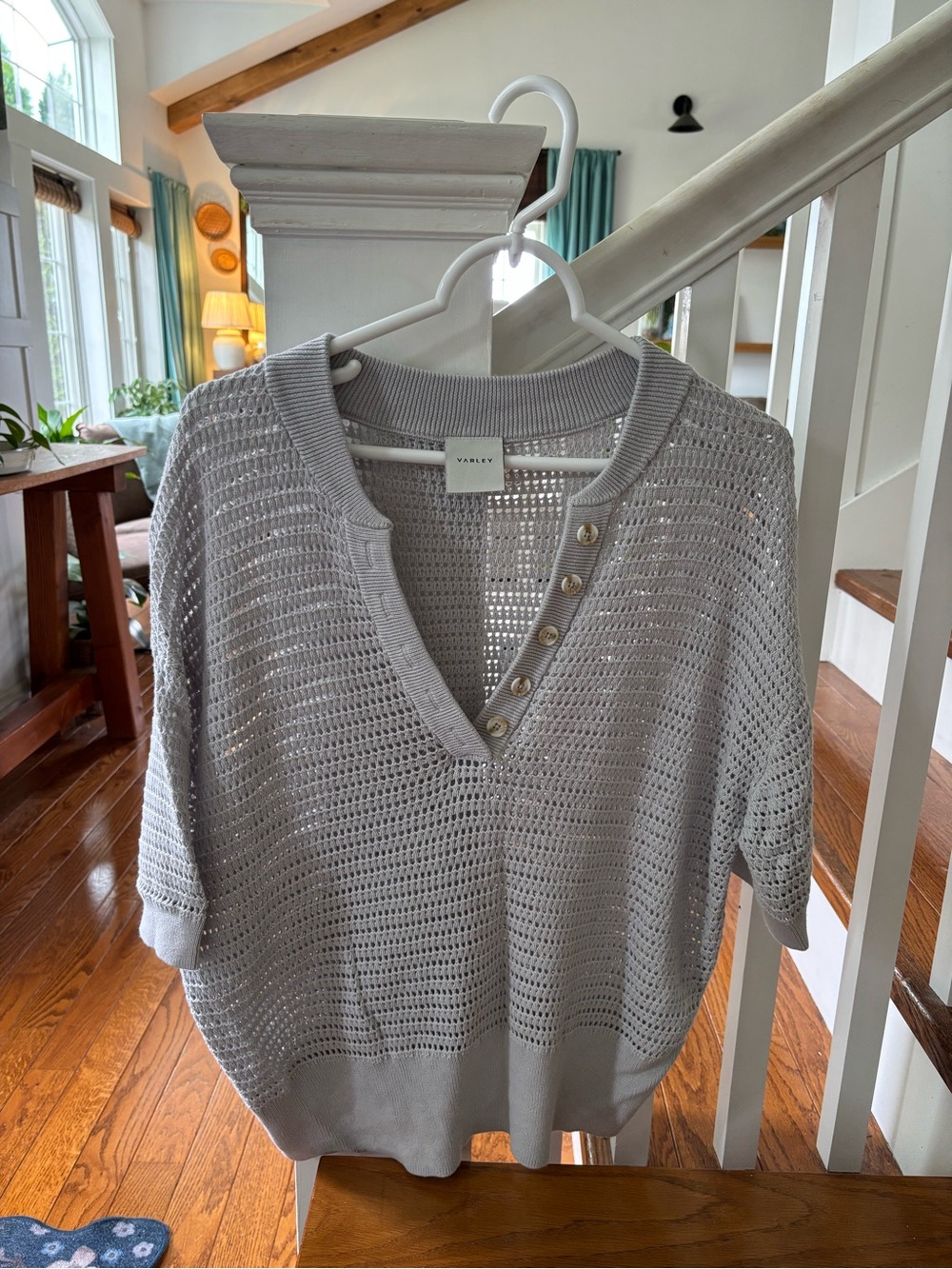 Varley Light Gray Open-Knit V-Neck short sleeve sweater